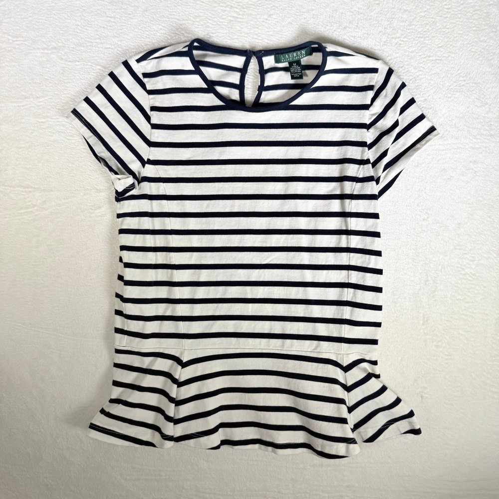 Lauren Ralph Lauren‎ Striped Peplum Cotton Navy White Short Sleeve Women's Sz M